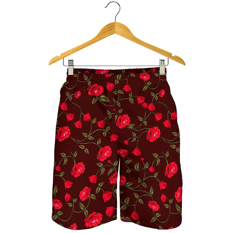 Red Rose Flower 3d Print Beach Shorts For Men Summer Street Oversized Short Pants Swim Trunks Fashion Surfing Board Shorts