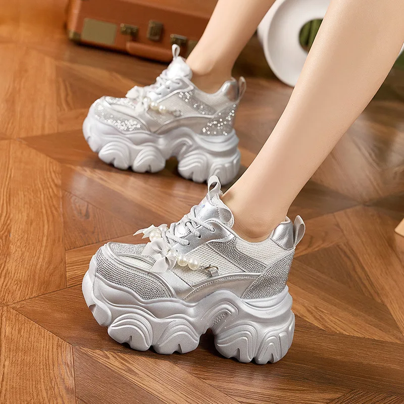 

Women’s Shiny Sequin Pearl Decor Platform Dad Shoes - Fashion Thick Sole Comfortable Sneakers Invisible High Heels 8CM