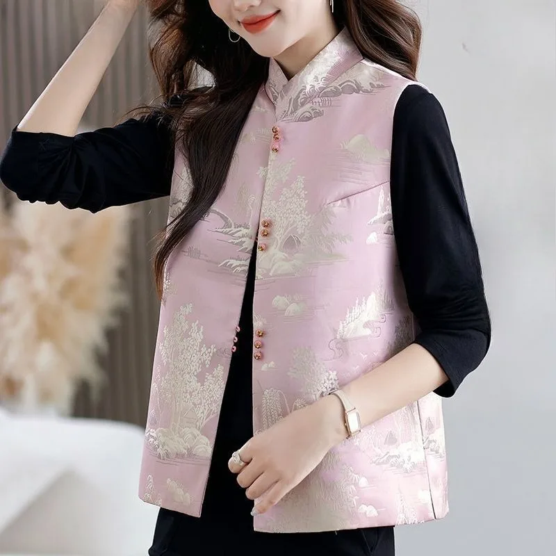 

New Chinese-style women's spring and autumn new button-up stand-up collar jacquard top waistcoat and waistcoat fashionable waman