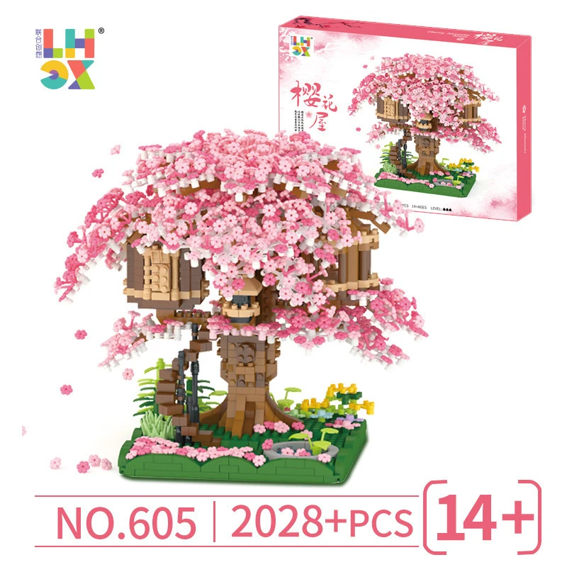 3D Mirco Sakura Flower Treehouse Building Block Creative Street View Cherry Blossom Decor DIY Bricks Valentine's Day Toys Gifts