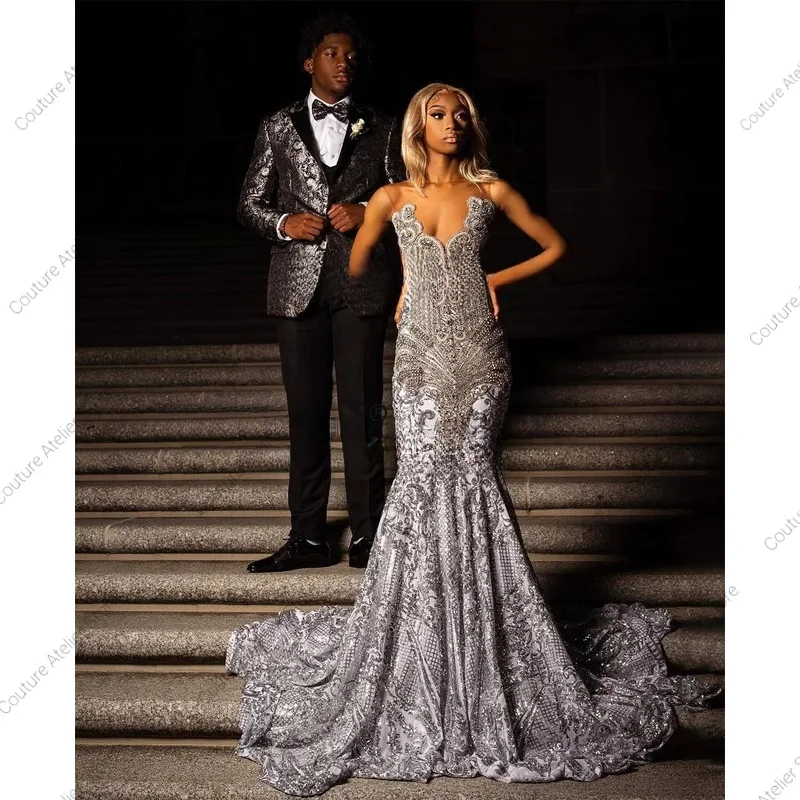 

Sparkly Lace Mermaid Prom Dresses For Black Girls Luxury Crystals Beaded Evening Gala Gown Customized Party robes de soirée