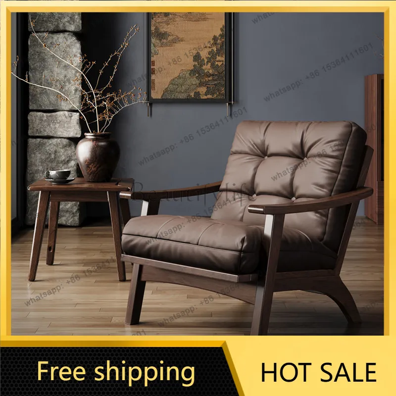 XX. Medieval solid wood leisure chair retro leather single sofa chair