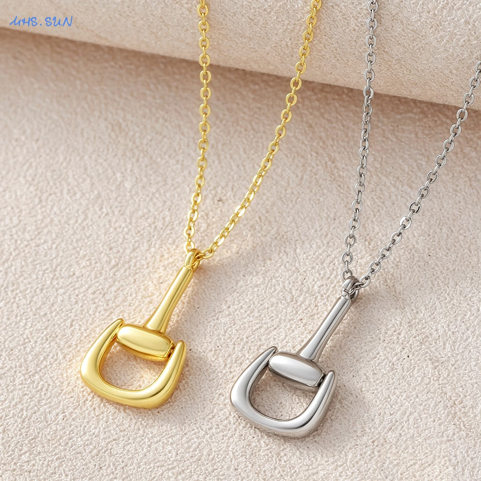 MHS.SUN Simple Gold Plated Horsebit Pendant Necklaces Cubic Zircon Snaffle Bit Chains Choker Jewelry Gifts For Women Men