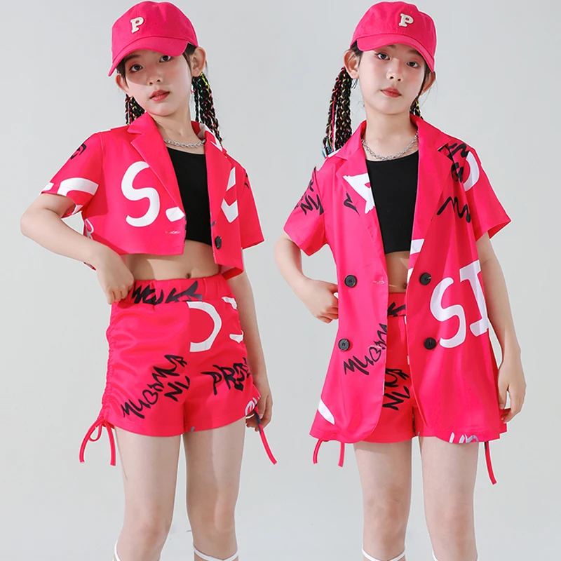 Trajes modernos de dança hip hop para crianças, terno rosa solto, roupas de jazz para meninas, roupas de palco, novo, DQS12712, 2022