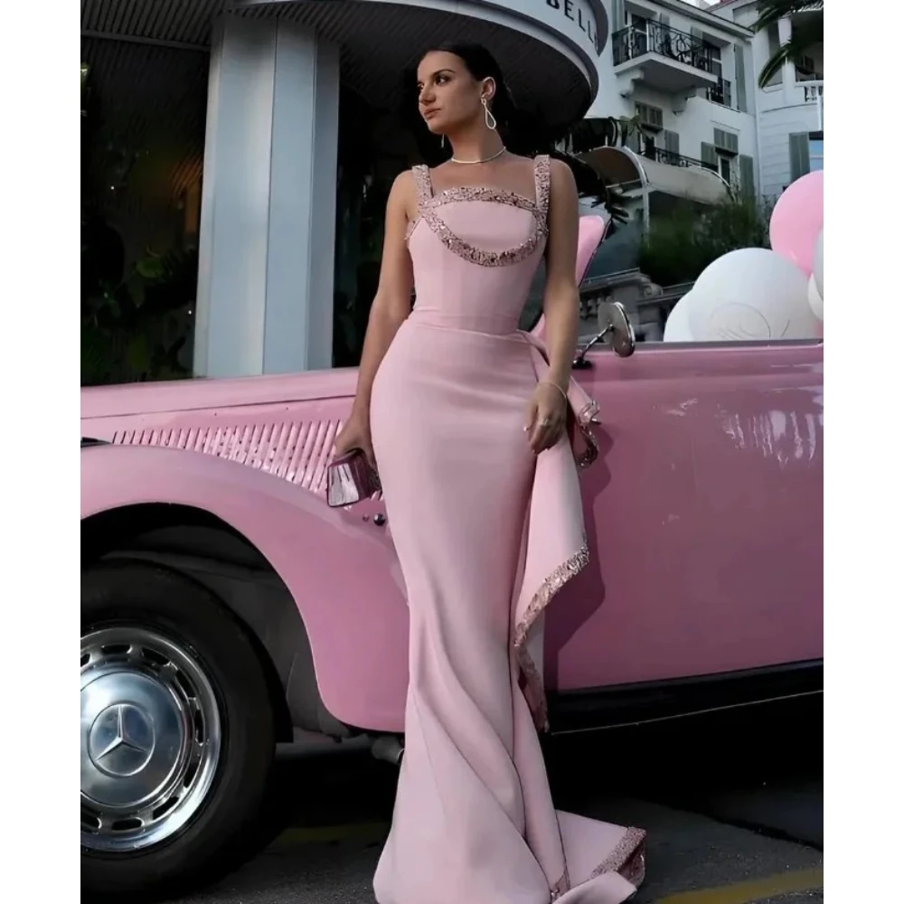 

Pink Wedding Party Dress Customized Sequin Strap Square Neck Sleeveless Ruffles Mermaid Floor Length Elegant Evening Dresses