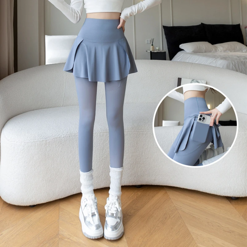 ผู้หญิงไม่มีรอยต่อปลอมสองชิ้นเลกกิ้งฟิตเนสเลกกิ้งเอวสูงยกสะโพกพร้อมกระเป๋ายืดหยุ่นบางแฟชั่นกางเกงโยคะ