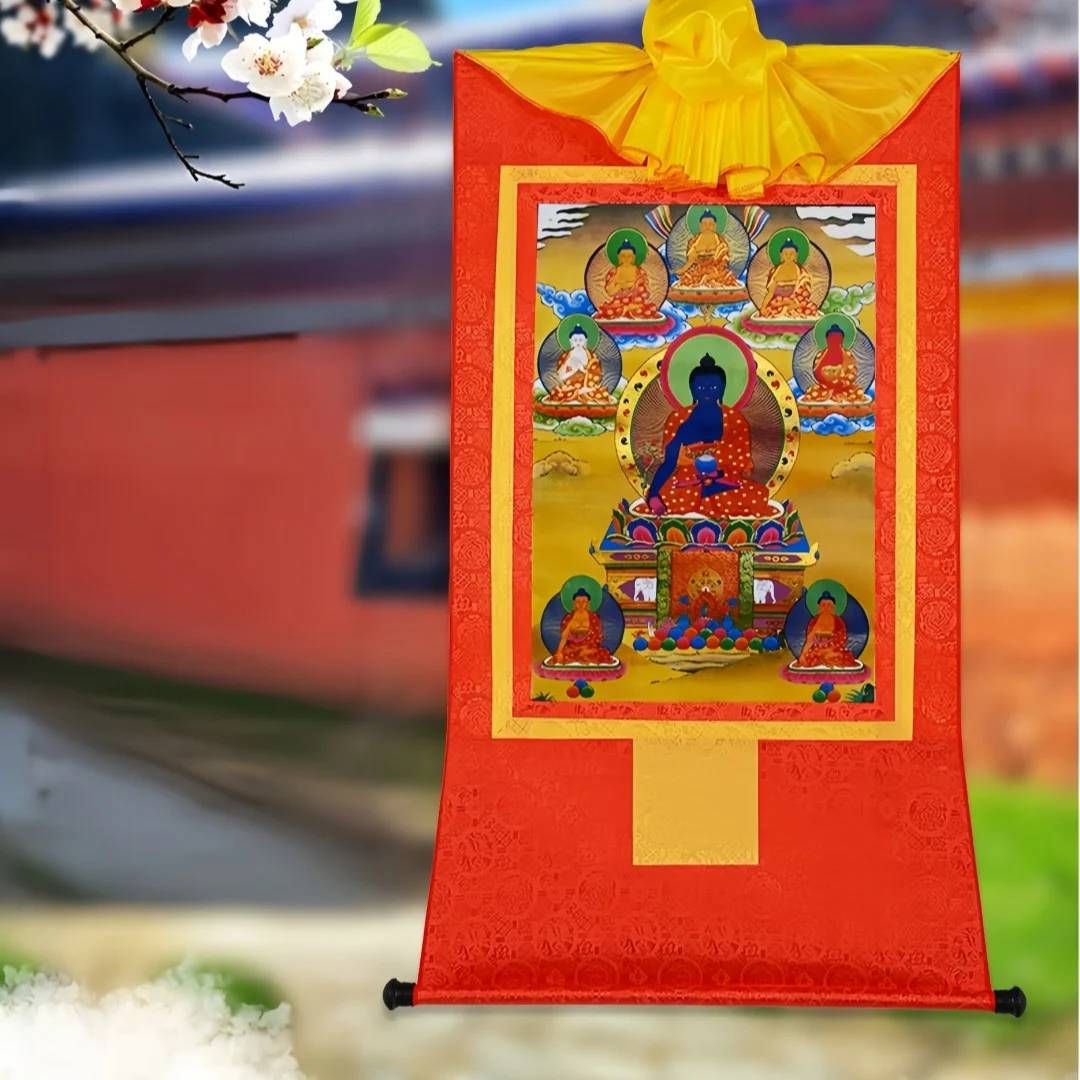 Medicine Buddha Thangka Eight Medicine Buddhas Gold Gilded Silk Scroll 35cm Tibetan Home Decor