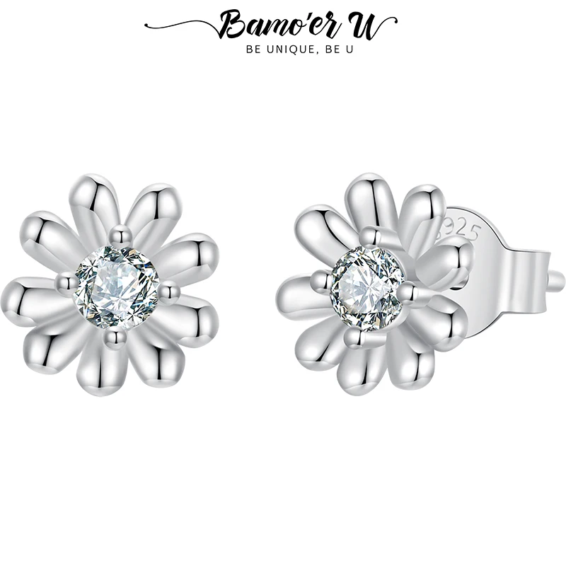 Bamoer U Daisy Moissanite Stud Earrings Blossom Flower Diamond Core VVS1 EX 925 Sterling Silver Original Jewelry for Mother Gift