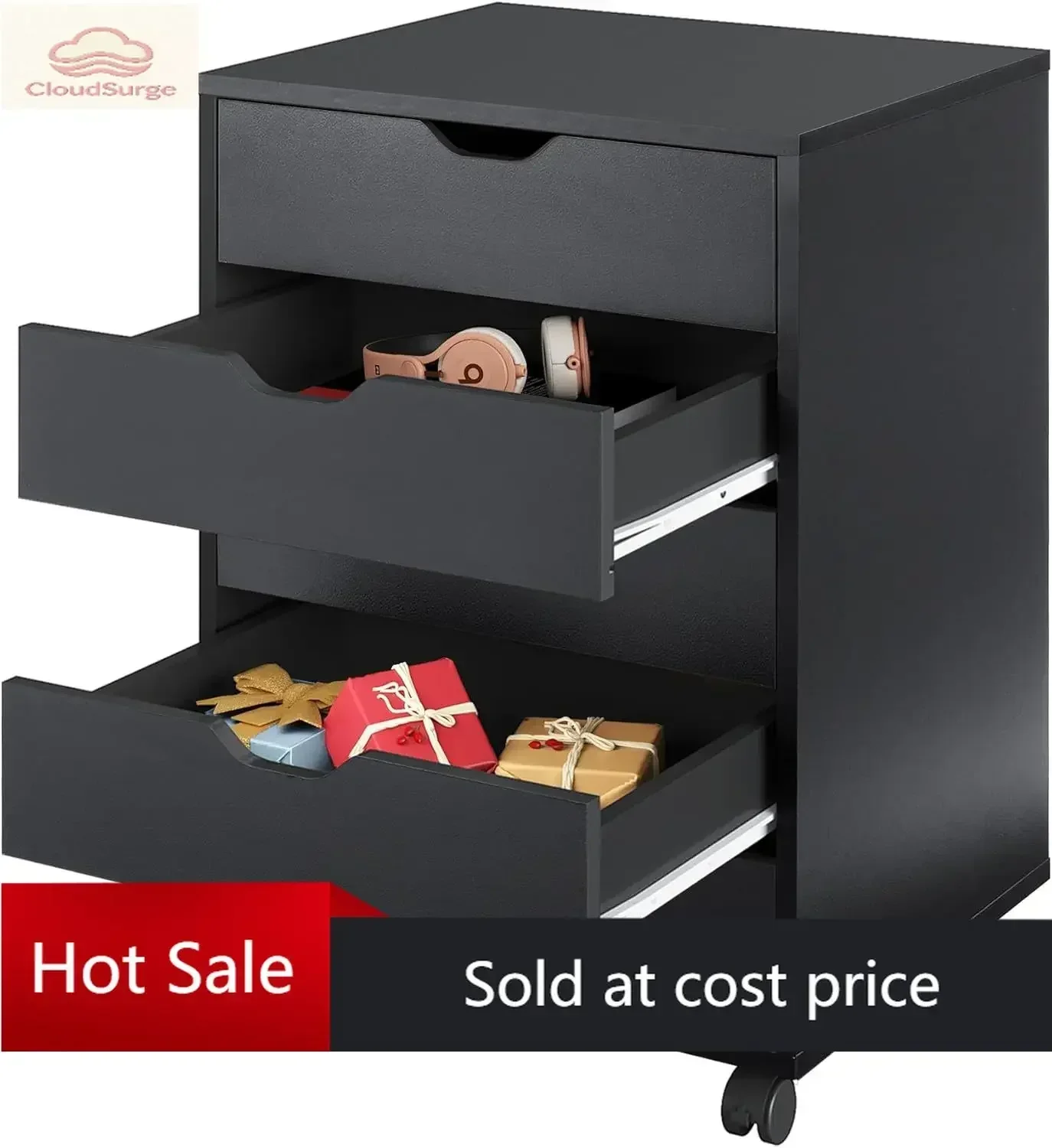 hot-sale products 5-Drawer Chest, Wood Storage Dresser File Cabinet with Wheels, Mobile Dresser for Home Office, Black