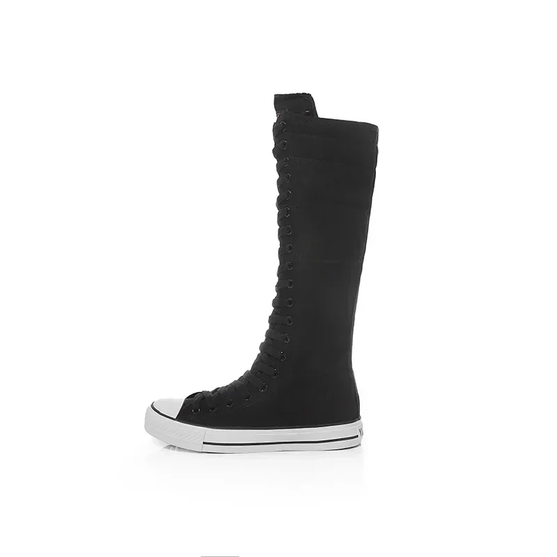 New Women\'s Canvas Boots Zip Shoes Comfortable Womens Shoes Flat High-top Female Sneakers Lace-up Knee-high Boots Bota Feminina