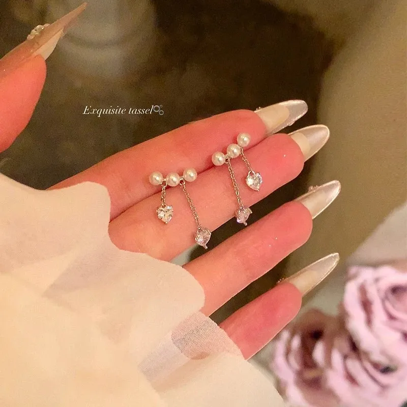 Earrings Pearl Tassel Heart Charm Silver Post Lightweight Hypoallergenic Elegant Trendy Jewelry for Women Spring Summer Daily