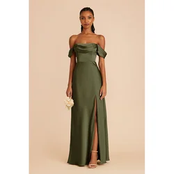 QueensLove Bridesmaid Dress Army Green Evening Dress Off the Shoulder High Split Satin Backless Party Dress