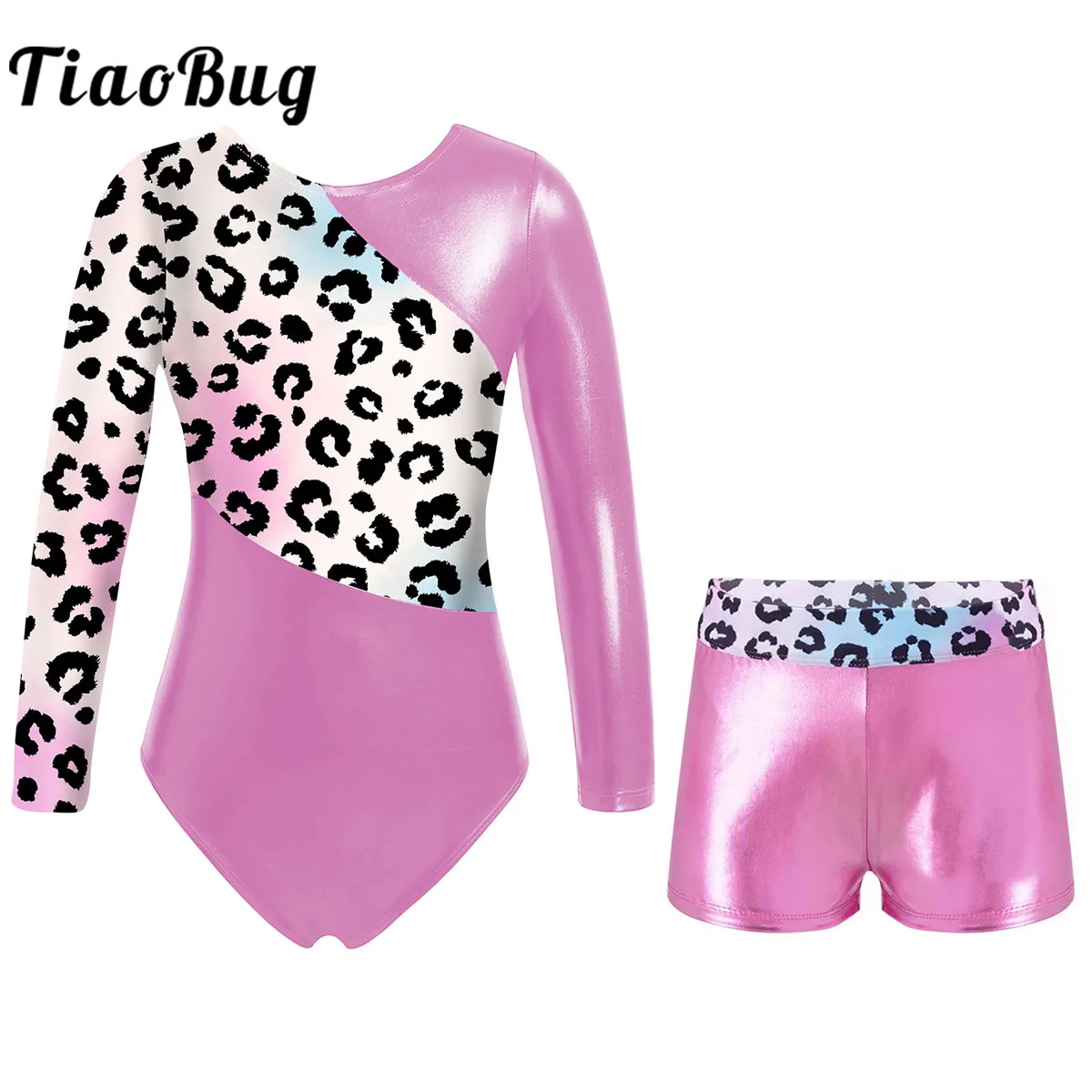 Kids Girls Ballet Dance Leopard Long Sleeve Gymnastics Leotard with Shorts Outfits Jumpsuit Bodysuit Dancewear