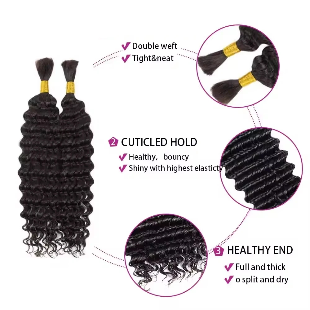 2 пучка плетения волос для косичек в стиле бохо, плетение человеческих волос, 20 дюймов, глубокая волна, плетение волос в стиле бохо, натуральный черный с детскими волосами