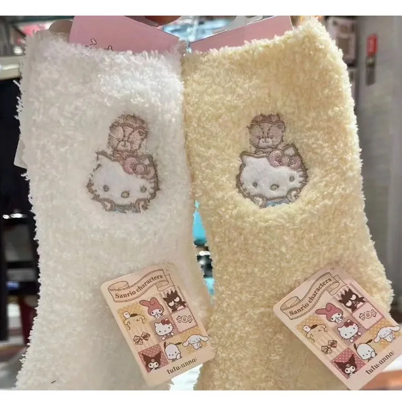 2 Pairs Sanrio Hello Kitty Coral Velvet Socks Anime Stockings Cartoon Kawaii Cute Women's Hello Kitty Winter Warm Cotton Socks