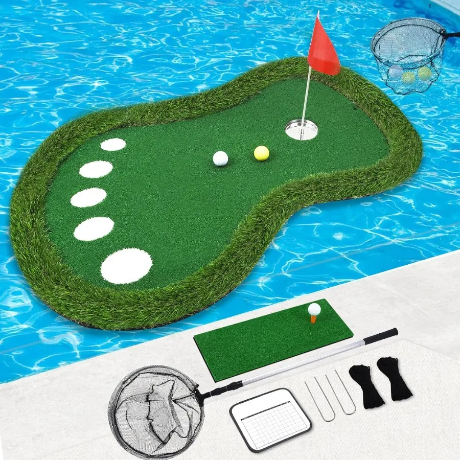 Golf flotante verde para piscina: juego de golf de piscina patentado con tapete flotante, red de recuperación y marcador ideal para piscina al aire libre
