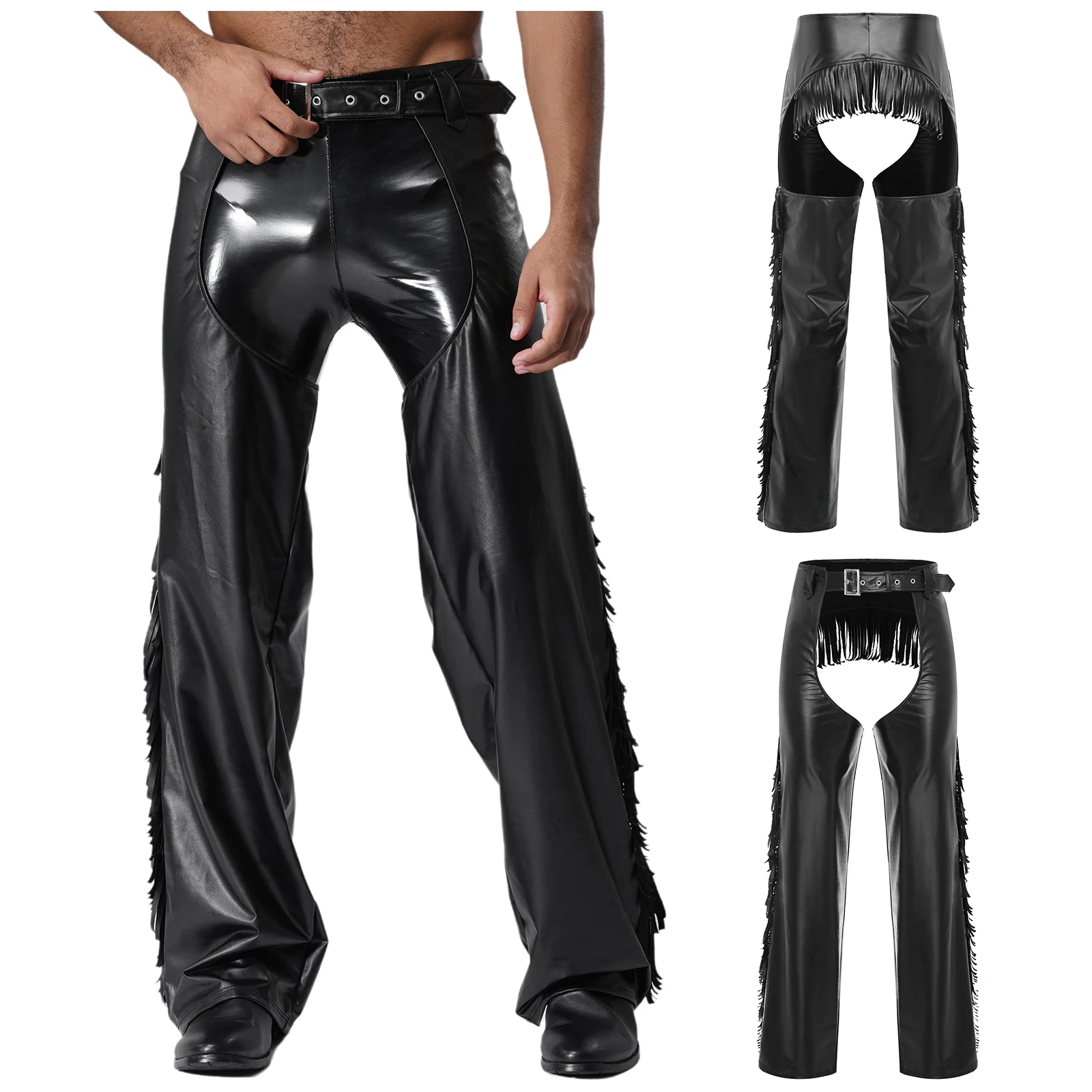 

Men Stylish Crotch Hollow Out Chaps Pants Cowboy Faux Leather Fringed Chap Trousers for Halloween Party Club Dance Pants