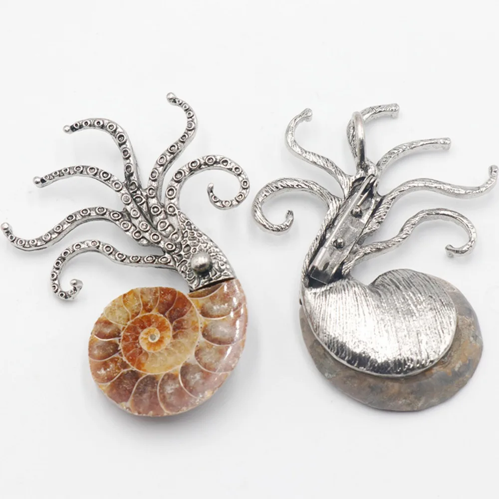 Natural Conch Ammonite Pendant Half Cut Shell Octopus Brooch Healing Mineral Necklace Decoration