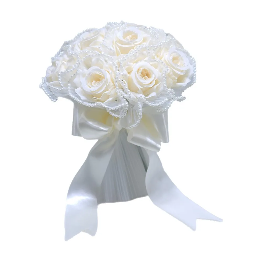 Romantic Artificial Hand Bouquet Silk Flowers Pearl Wedding Bouquets Sweet White Roses Bridesmaid Bouquet Wedding Accessories
