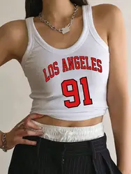 Los Angeles Letter Prints Tank Top Womens Sleeveless Tight Ribbed Female Cotton Knit Vest Straps Summer Casual Street Clothing