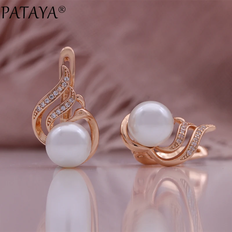 PATAYA Unique Pearl English Earrings for Women Fashion 585 Rose Gold Color Bridal Wedding Accessories Daily Fine Jewelry New