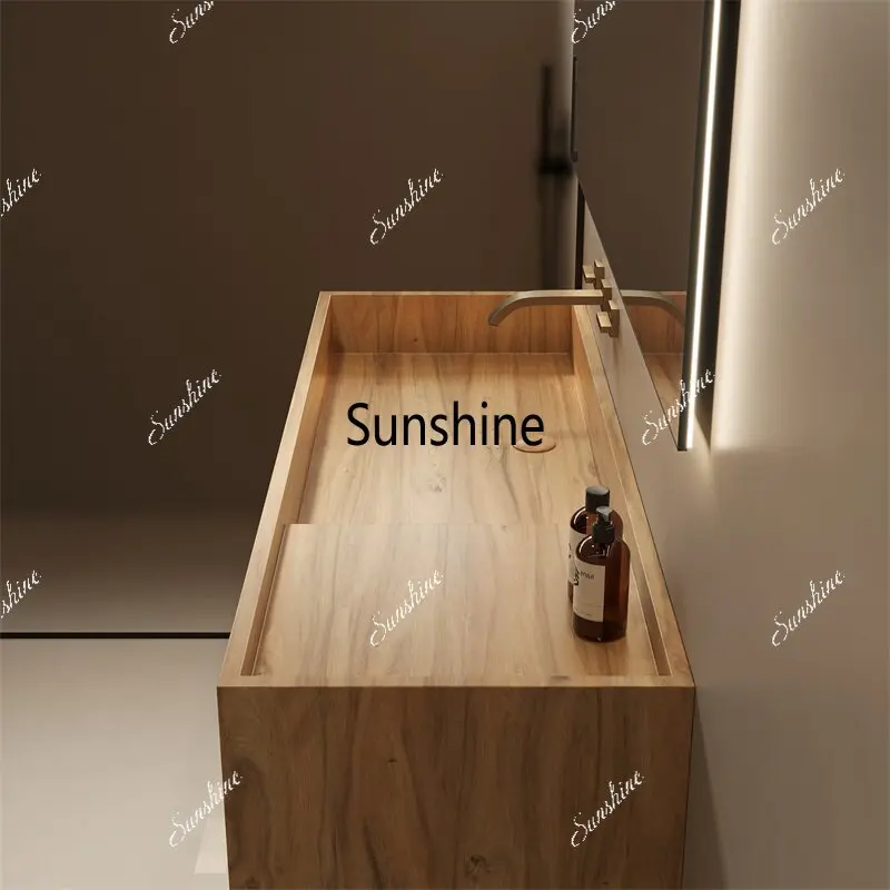 Travertine wood grain rock slab integrated seamless basin villa high-end bathroom washbasin customization