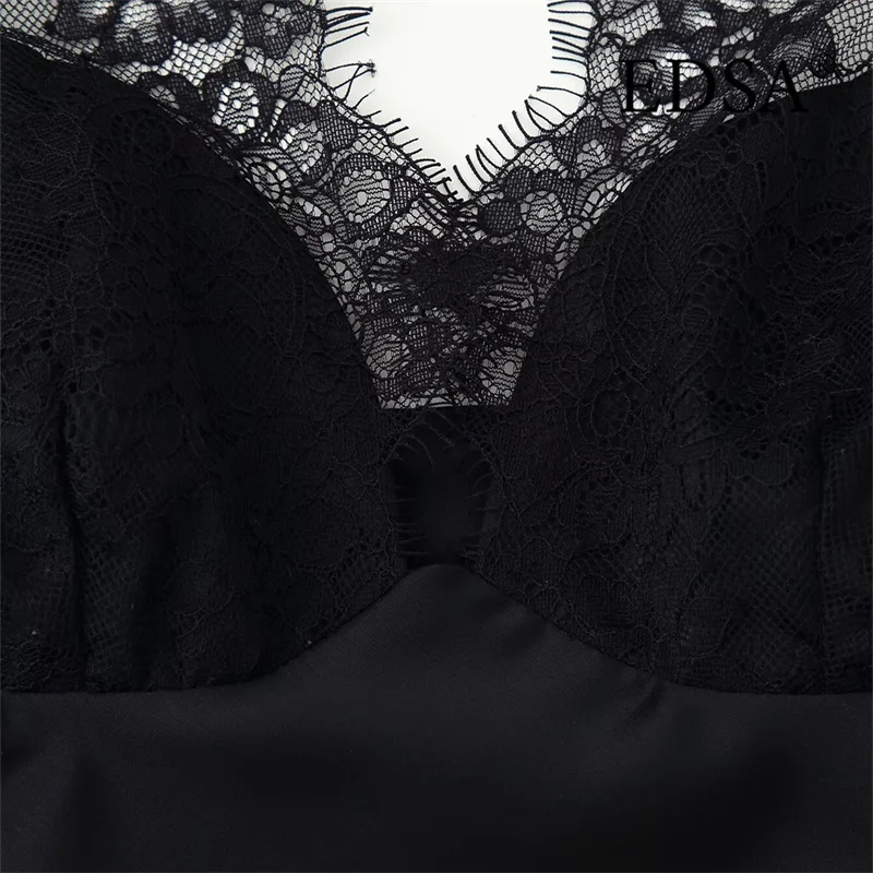 EDSA قميص قصير نسائي من الساتان الأسود مع أشرطة من الدانتيل وخط عنق على شكل قلب وسحاب جانبي لربيع وصيف بدون أكمام