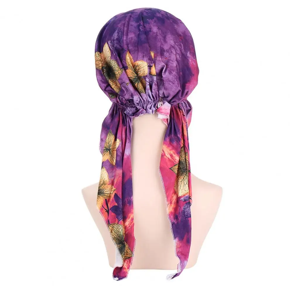 Muslim Women's Hijabs Floral Print Pre Tied Headscarf Cap Women Tassel Stretchy Head Wrap Hair Accessories