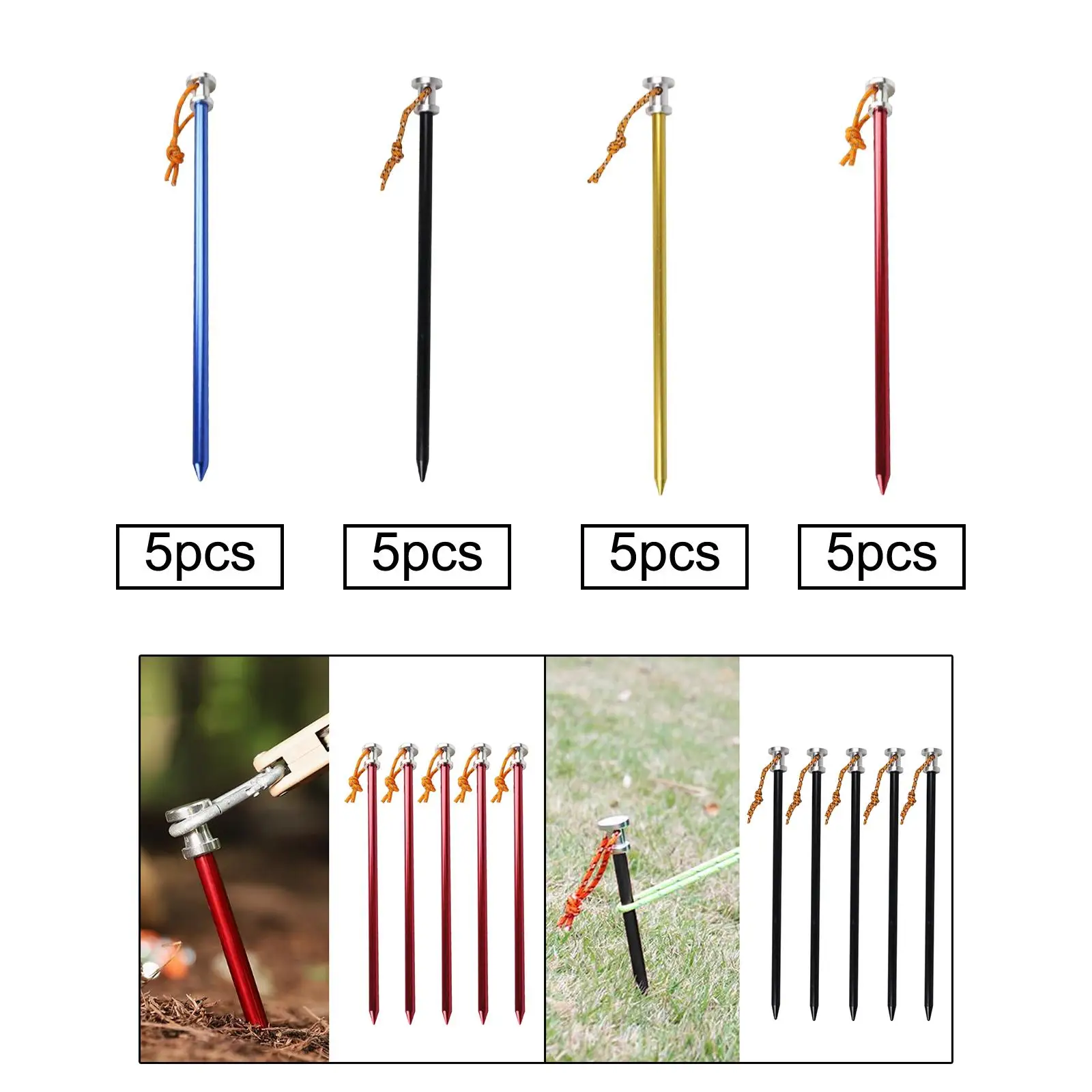 5 Pieces Screw in Tent Stakes with Rope Steel Pegs Tent Nails Sturdy Ground Stakes for Tent Tarp Traveling Picnic Backyard Beach