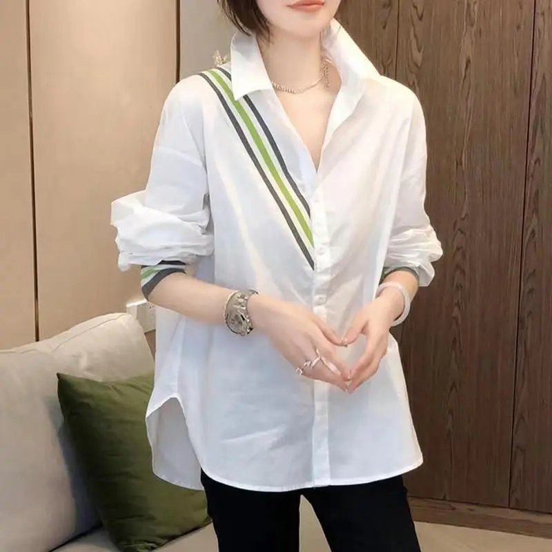 2023 Casual Striped Spliced Shirt Spring Autumn Long Sleeve Streetwear Stylish Single-breasted Female Clothing Polo-Neck Blouse