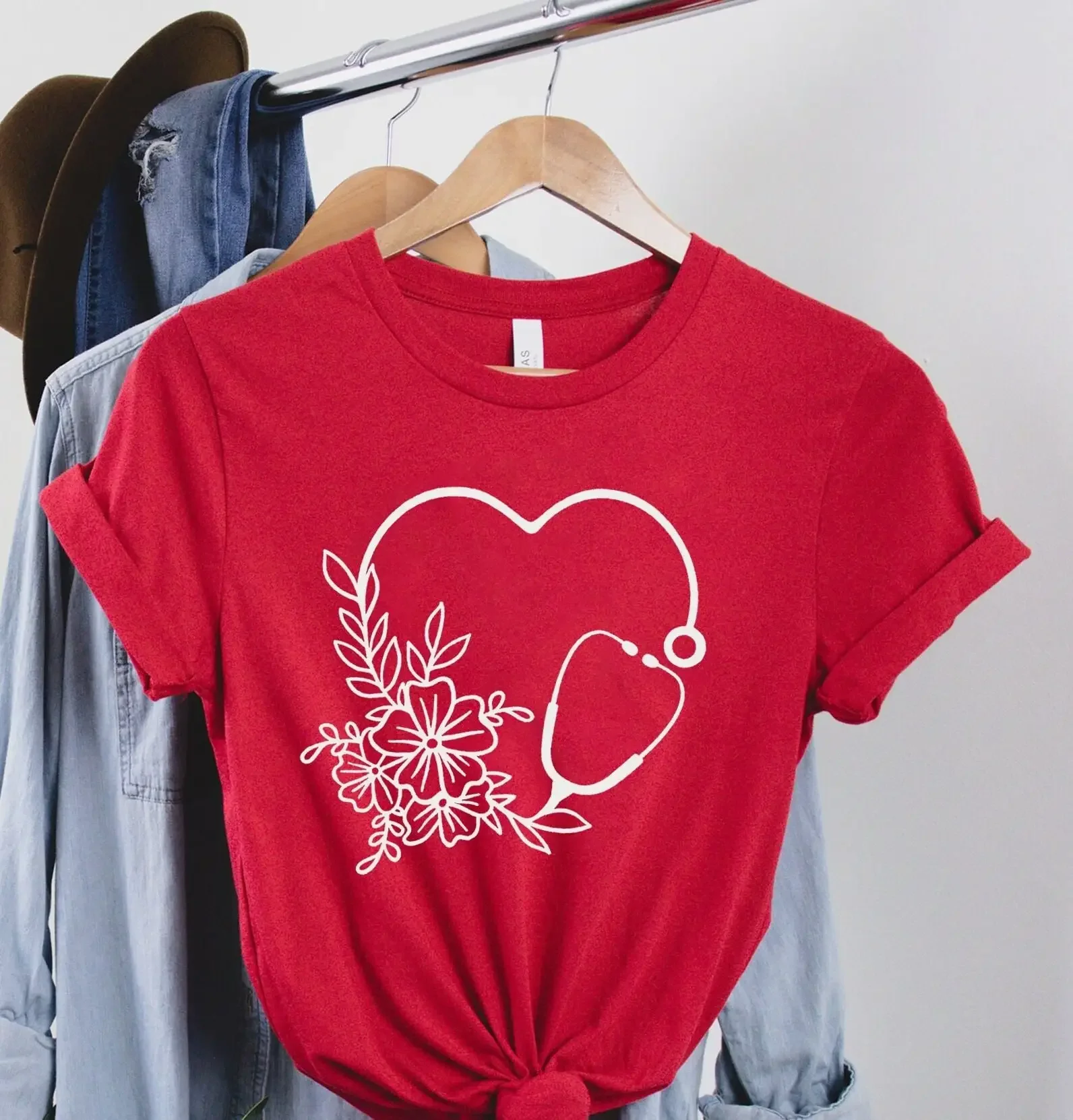 Медсестринская Цветочная футболка, любовь, стетоскоп, уход за здоровьем, работник жизни Rn Week Cna