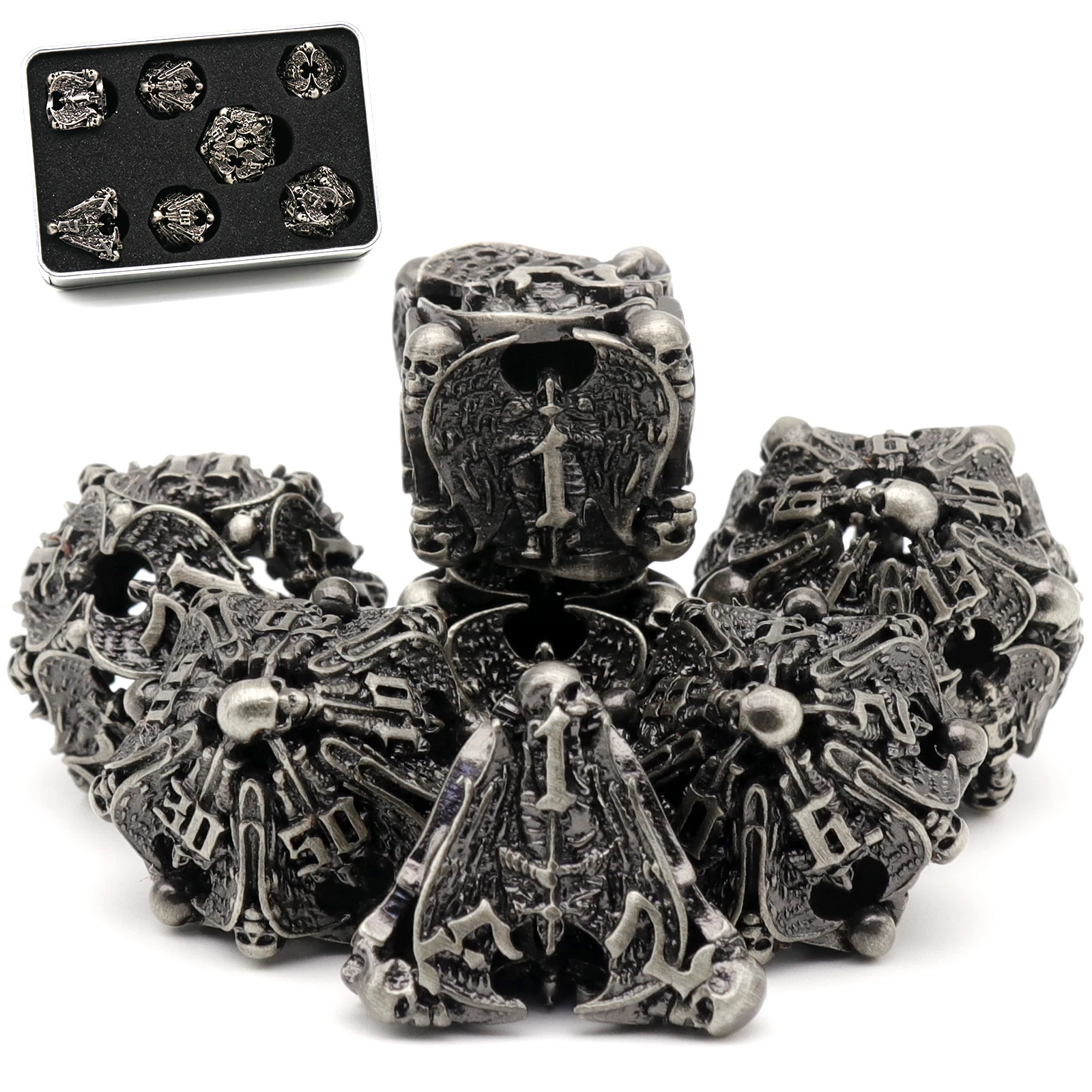 Hollow Metal DND Dice Set,ZHOORQI 7PCS D&D Dice Set for Role Games,Pathfinder,Table Games (Silver)