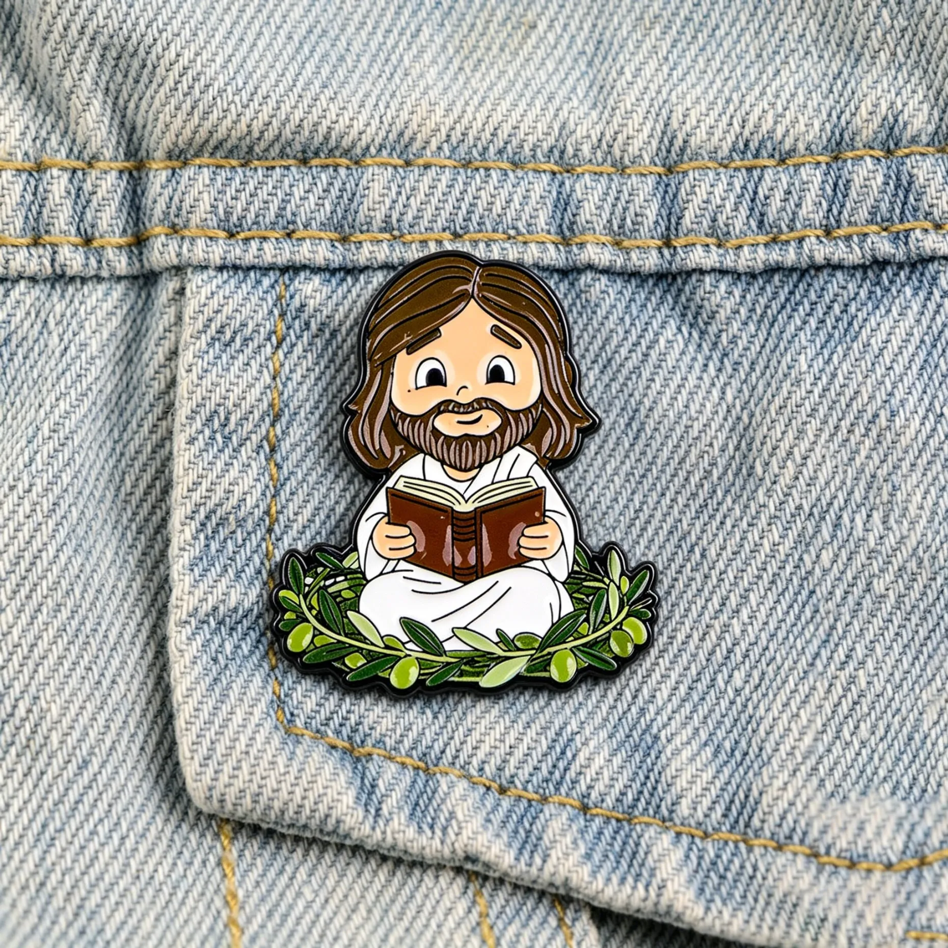 Broche émaillée Jésus Chrétien, motif dessin animé mignon, lecture biblique, décoration de vêtements, broche religieuse pour sac à dos, cadeau
