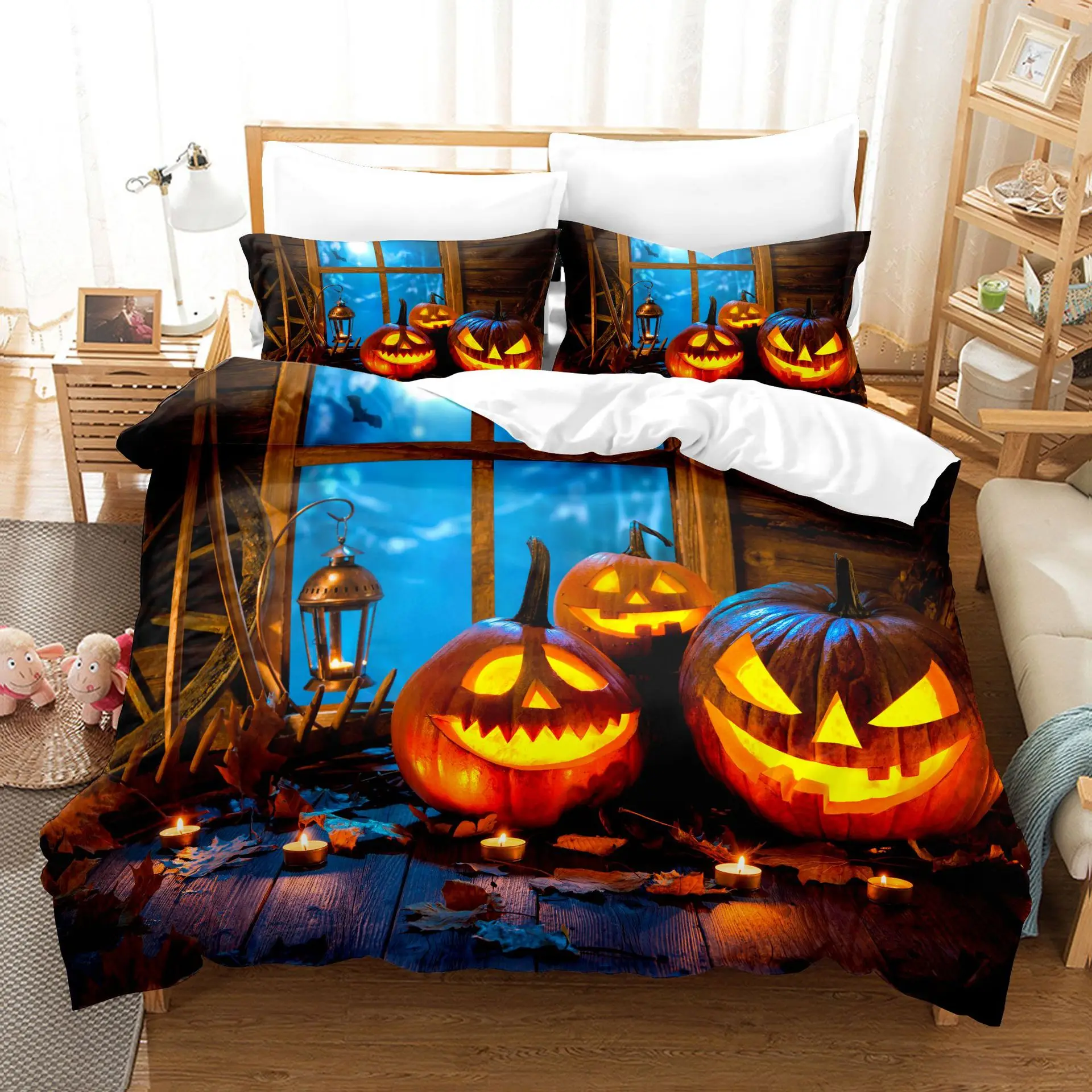 Halloween Themed Home Bedding Set With Pumpkin Head Pattern Duvet cover And Pillowcase Comfortable Three Piece Set Full Size