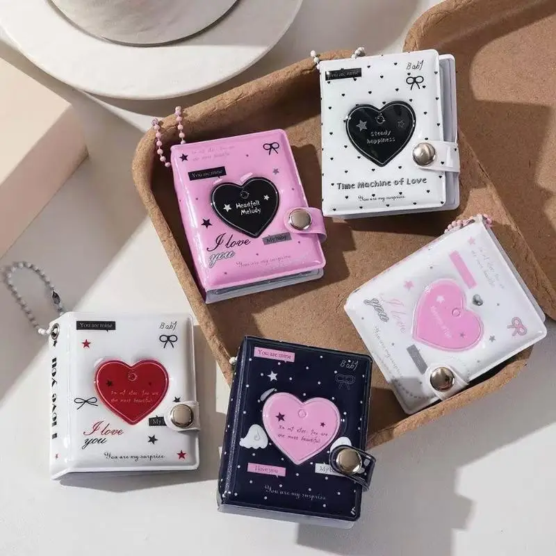 Korean Cute Heart Mini Photocard Album 32 Pockets Portable Kpop Photocard Holder Keychain Collect Book Backpack Decor Gifts