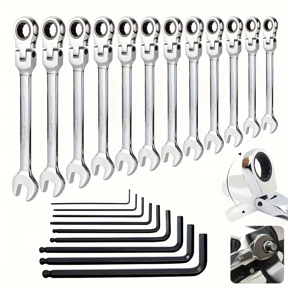 Flex Head Ratcheting Wrench Set, Chrome Vanadium Steel Flexible Head Tool Socket Wrench Set, 12pcs Combination Ended Spanner Kit