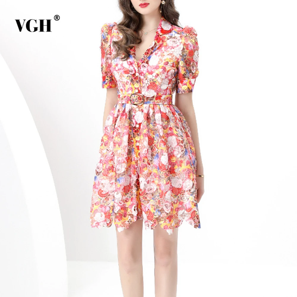 

VGH Vintage Printing Slimming Temperament Dresses For Women Lapel Short Sleeve High Waist Designer Dress Female Fashion Style