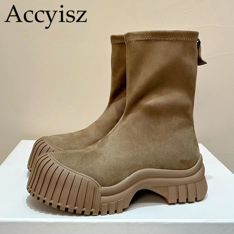 

Autumn Winter Thick Sole Suede Chelsea Boots Women's Round Toe Solid Color Back Zipper Short Boots Platform Elastic Ankle Botas