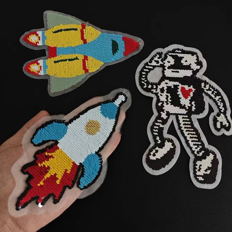 Reversible Sequin Rocket Robot Patch Embroidery Applique Double-Sided Two-Tone Design for DIY Decoration for T-Shirts and Fabric