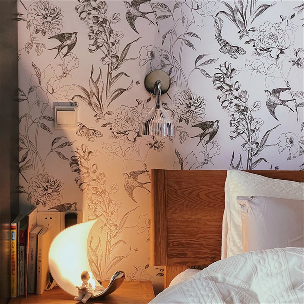 custom American Sketch Wallpaper Swallow Bird Flower Bedroom Background art mural Wallpaper papel de parede 3d house decoration