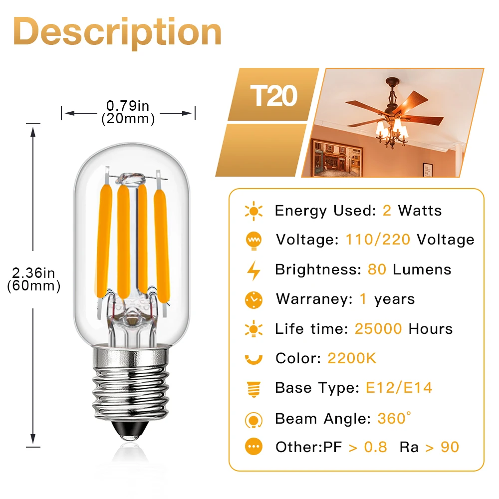 Minibombilla nocturna Tubular T20 E14, 220V, E12, 110V, 2W, regulable, 2200K, bombilla de filamento LED Retro reemplazable para decoración de luz colgante de pared