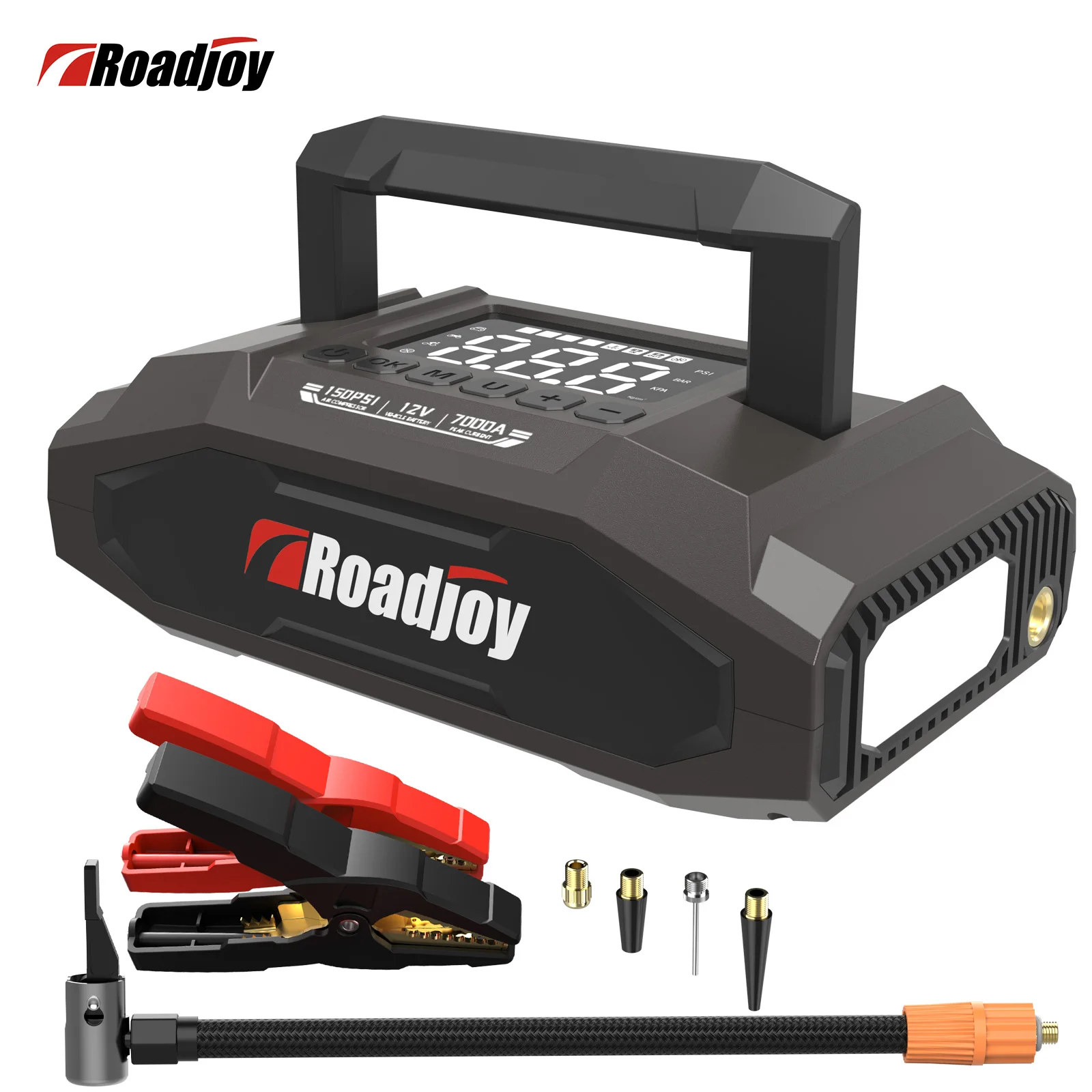 

Roadjoy Car Jump Starter Air Compressor 5000A/7000A Battery Charger Emergency Power Bank Booster for 12V Gasoline and Diesel