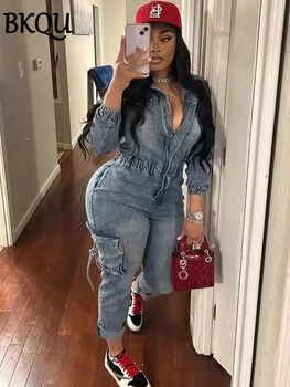 BKQU Denim Cargo Jumpsuit Dames Zakken Patchwork Mode Revers Rits Jean Stretch Overalls Speelpakje Herfst Winter Y2k Streetwear