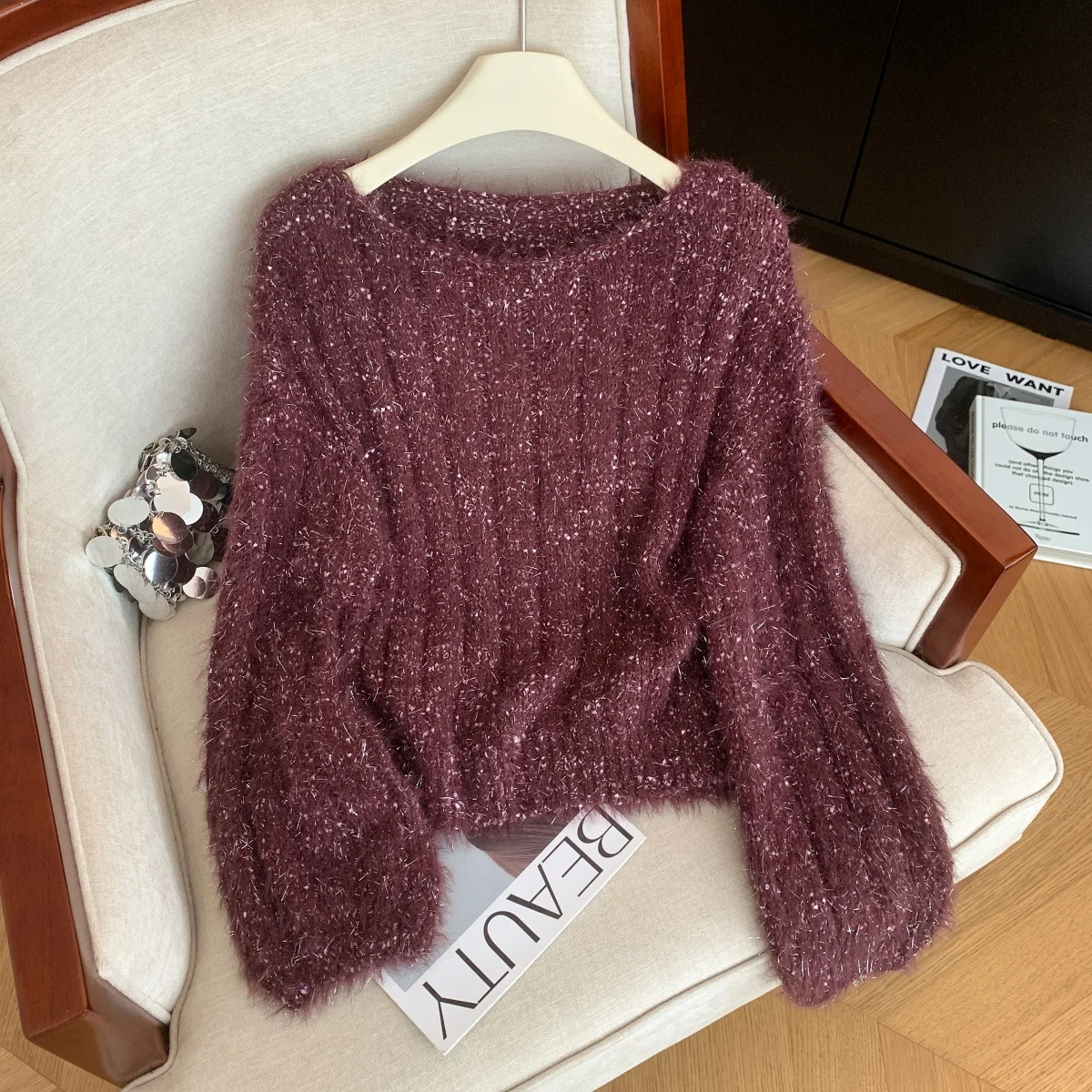 Women's Burgundy Pullover Sweater Y2k Vintage 2000s O-Neck Soft Cozy Jumper Knit Long Sleeves Korean Sweater Autumn Winter 2025