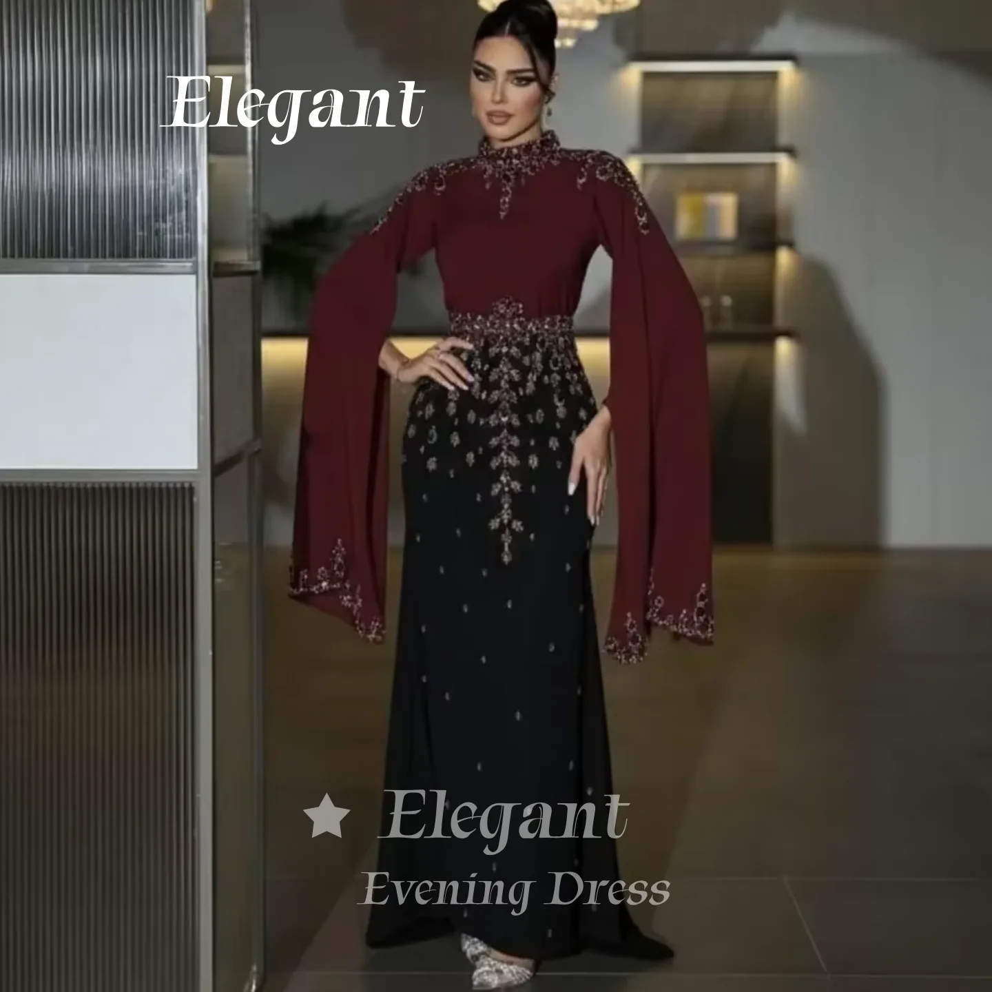 

Dubai Luxury Burgundy Evening Gown Saudi Women High Neck Cape Flare Prom Dress Formal Occasion Wedding Party Gala Customize