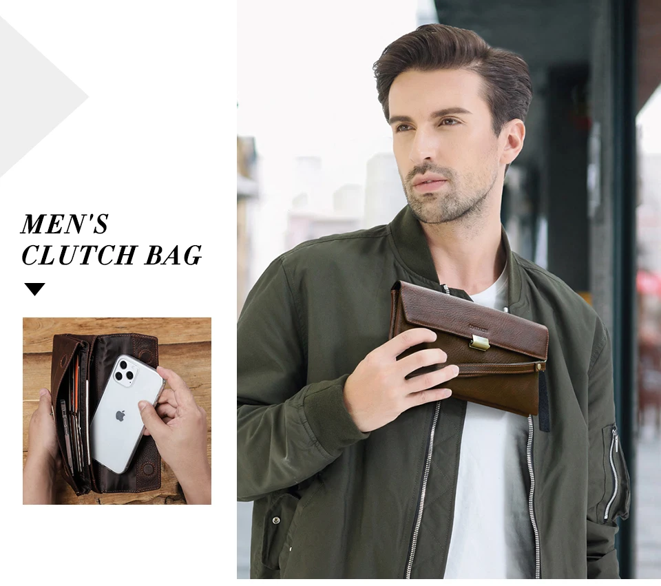 CONTACT'S Handgefertigte Vollnarbenleder-Clutch-Tasche mit RFID-Schutz, Handgelenktasche, Große Kapazität, Herren-Reißverschlusstasche für Business – Detail 3