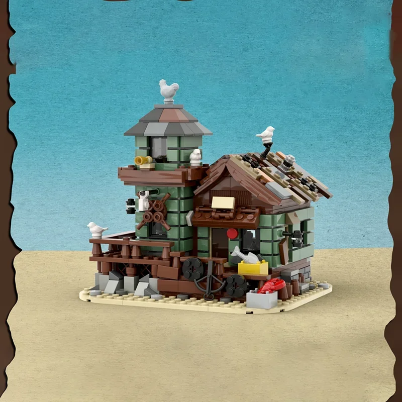 Модель с видом на улицу Moc, строительные блоки, модель рыболовного магазина, технология, модульный кирпич, сделай сам, сборка, строительные игрушки, подарки