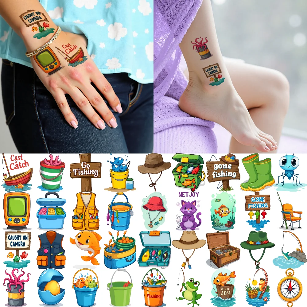 

63pcs Temporary Tattoo Crab Cartoon Fishing Compass Temporary Tattoo Stickers Catch The Fun For Adults