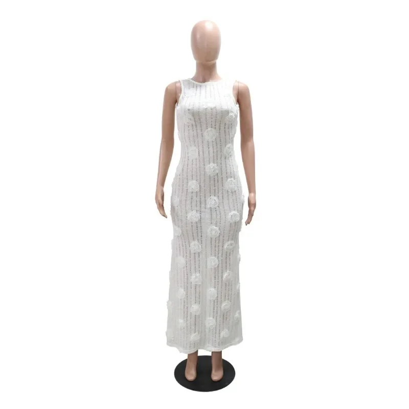 Elegante Sexy 3D flores ceñido al cuerpo Maxi vestido de fiesta de noche mujeres Blanco sólido sin mangas con cordones sin espalda ajustado vestido largo de cumpleaños