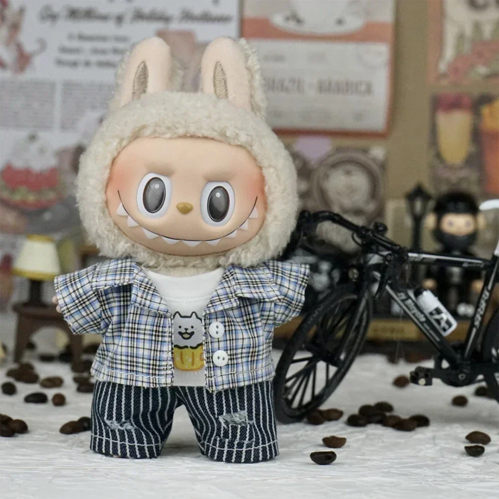 Cute Japanese Style Plaid Shirt Jacket set Mini Plush Doll'S Clothes Outfit Accessories For 17cm Labubu II Dolls Clothing Gift